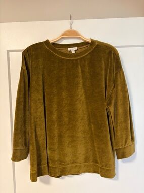 Garnet Hill~new~Moonrise Olive Velour Pullover Blouson 3/4 Sleeve Top size Large